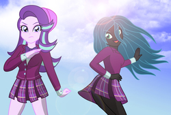Size: 2421x1639 | Tagged: safe, artist:sumin6301, queen chrysalis, starlight glimmer, equestria girls, g4, beanie, breasts, clothes, cloud, crystal prep academy, crystal prep academy uniform, crystal prep shadowbolts, duo, equestria girls-ified, female, hat, open mouth, pleated skirt, school uniform, serious, serious face, skirt, skirt lift, sky, smiling, thighs, younger