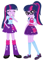 Size: 409x571 | Tagged: safe, artist:ra1nb0wk1tty, sci-twi, twilight sparkle, alicorn, human, pony, equestria girls, g4, bowtie, clothes, giggling, glasses, grin, human counterpart, human ponidox, leg warmers, mary janes, ponytail, shoes, skirt, smiling, socks, twilight sparkle (alicorn), twolight