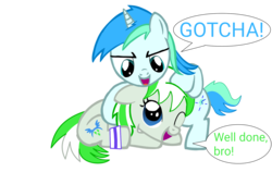 Size: 1958x1234 | Tagged: safe, artist:toyminator900, oc, oc only, oc:cyan lightning, oc:emerald lightning, pegasus, pony, unicorn, brother and sister, duo, female, leg warmers, male, siblings, simple background, speech bubble, transparent background, wrestling