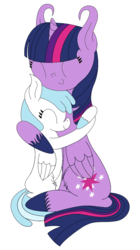 Size: 1776x3179 | Tagged: safe, artist:dinkyuniverse, cotton cloudy, twilight sparkle, alicorn, pony, g4, cottonlight, cottonlove, cute, hug, lovely, simple background, twilight sparkle (alicorn), unshorn fetlocks, white background