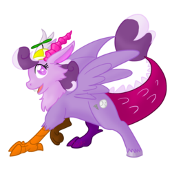 Size: 1024x1024 | Tagged: safe, artist:usagi-zakura, screwball, draconequus, g4, draconequified, female, mismatched horns, mismatched wings, quadrupedal, raised paw, simple background, solo, species swap, swirly eyes, transparent background, wings