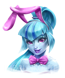 Size: 580x701 | Tagged: safe, artist:imdrunkontea, sonata dusk, equestria girls, g4, bunny ears, bunny girl, bunny suit, clothes, cute, female, open mouth, signature, solo