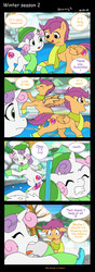 Size: 1955x5527 | Tagged: safe, artist:jeremy3, scootaloo, sweetie belle, pony, comic:winter season, g4, bundled up for winter, clothes, comic, hat, high res, ice skating, scarf, winter outfit