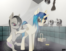 Size: 3300x2550 | Tagged: safe, artist:styroponyworks, dj pon-3, octavia melody, vinyl scratch, pony, g4, 3d, blender, brush, brushing, eyes on the prize, female, high res, lesbian, lifted leg, looking at butt, mixed media, ship:scratchtavia, shipping, shower, soap, sponge, washing, water, wet mane