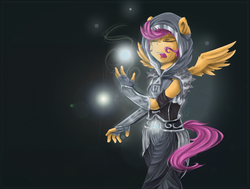 Size: 1324x1000 | Tagged: safe, artist:redheadfly, scootaloo, anthro, g4, clothes, commission, eyes closed, female, hood, light orb, older, open mouth, shoulder pads, skull, solo