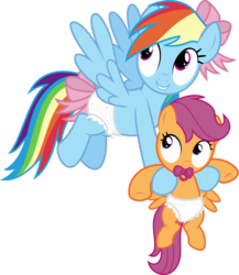 Size: 3000x3454 | Tagged: safe, artist:sollace, rainbow dash, scootaloo, pegasus, pony, g4, .svg available, bow, crinkleloo, cute, cutealoo, diaper, diaper fetish, duo, female, flying, hair bow, high res, non-baby in diaper, pacifier, ribbon, show accurate, simple background, smiling, tail bow, transparent background, vector