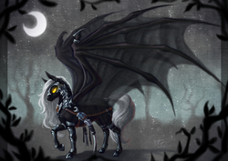 Size: 1753x1240 | Tagged: safe, artist:begasus, oc, oc only, bat pony, pony, bat wings, large wings, moon, solo, wings