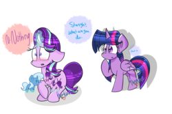Size: 3000x2000 | Tagged: safe, artist:lynchristina, starlight glimmer, trixie, twilight sparkle, alicorn, pony, g4, female, floppy ears, high res, lesbian, ship:startrix, shipping, simple background, toy, transparent background, twilight sparkle (alicorn)