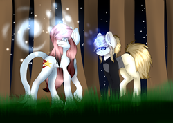Size: 1024x731 | Tagged: safe, artist:fizzy2014, artist:sonnasart, oc, oc only, pony, unicorn, collaboration, forest, magic