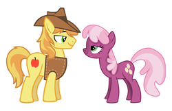 Size: 931x605 | Tagged: safe, edit, braeburn, cheerilee, earth pony, pony, g4, bedroom eyes, cheerburn, clothes, cowboy hat, crack shipping, duo, female, hat, male, mare, shipping, simple background, smiling, stallion, straight, vector, white background