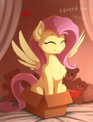 Size: 1400x1845 | Tagged: safe, artist:yakovlev-vad, fluttershy, pegasus, pony, :3, :t, bed, behaving like a cat, box, cardboard box, cheek fluff, chest fluff, colored sketch, cute, daaaaaaaaaaaw, descriptive noise, ear fluff, eyes closed, female, floating heart, fluffy, happy, heart, hnnng, if i fits i sits, mare, onomatopoeia, plushie, pony in a box, shoulder fluff, shyabetes, sitting, smiling, solo, spread wings, squeak, squee, sweet dreams fuel, teddy bear, weapons-grade cute