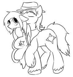 Size: 1390x1465 | Tagged: safe, artist:candel, oc, oc only, oc:candlelight, oc:wanderheart, pony, cowboy hat, cute, hat, lineart, monochrome, neckerchief, scruff, simple background, unshorn fetlocks