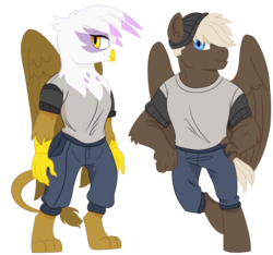 Size: 800x748 | Tagged: safe, artist:dbkit, dumbbell, gilda, griffon, anthro, digitigrade anthro, unguligrade anthro, g4, clothes, duo, hat, practice, practice drawing, simple background, transparent background
