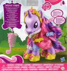 Size: 2385x2537 | Tagged: safe, photographer:gallifreyan pony, twilight sparkle, g4, backcard, cape, clothes, comb, crown, danish, dutch, english, fashion style, female, french, german, hairclip, hasbro, hasbro logo, high res, hoof shoes, italian, jewelry, logo, mare, portuguese, princess shoes, regalia, solo, spanish, text, toy