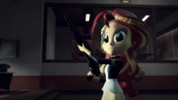Size: 1920x1080 | Tagged: safe, artist:razethebeast, sunset shimmer, equestria girls, g4, 3d, clothes, female, gun, looking at you, serious, serious face, shotgun, solo, source filmmaker, spas-12, weapon
