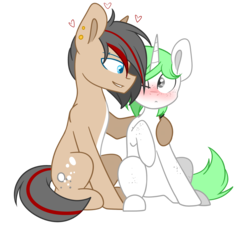 Size: 1881x1700 | Tagged: safe, artist:despotshy, oc, oc only, earth pony, pony, unicorn, blushing, colored pupils, female, freckles, male, mare, one eye closed, simple background, sitting, stallion, transparent background