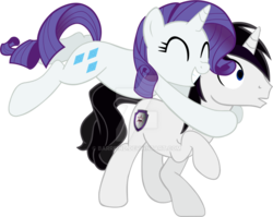 Size: 1024x815 | Tagged: safe, artist:barrfind, rarity, oc, oc:barrfind, pony, unicorn, g4, ^^, canon x oc, cutie mark, eyes closed, female, hug, jumping, love, male, mare, rarifind, shipping, simple background, smiling, stallion, straight, surprised, transparent background, vector, watermark