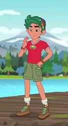 Size: 231x424 | Tagged: safe, screencap, timber spruce, equestria girls, g4, legend of everfree, boots, clothes, looking down, male, pier, shorts, smiling, socks, solo