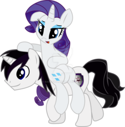 Size: 1024x1041 | Tagged: safe, artist:barrfind, rarity, oc, oc:barrfind, pony, unicorn, g4, canon x oc, female, holding a pony, love, male, rarifind, shipping, simple background, straight, transparent background, vector, watermark