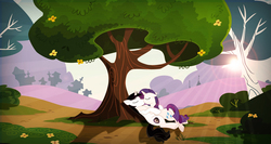 Size: 3920x2080 | Tagged: safe, artist:barrfind, rarity, oc, oc:barrfind, pony, unicorn, g4, canon x oc, cuddling, eyes closed, female, high res, hug, kissing, love, male, park, rarifind, shipping, snuggling, straight, sunset, tree, vector, wallpaper