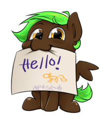 Size: 900x1015 | Tagged: safe, artist:midnightpremiere, oc, oc only, oc:midnight premier, pegasus, pony, mouth hold, sign, simple background, smiling, solo, transparent background