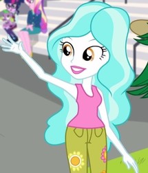 Size: 387x451 | Tagged: safe, screencap, dean cadance, paisley, princess cadance, sci-twi, spike, spike the regular dog, twilight sparkle, dog, human, equestria girls, g4, my little pony equestria girls: friendship games, armpits, background human, clothes, cropped, denim, floral print, hand down, jeans, offscreen character, out of frame, pants, sleeveless, solo focus, tank top, waving
