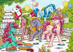Size: 1163x823 | Tagged: safe, artist:solkatt, blueberry baskets, boysenberry pie, cherry treats, cranberry muffins, raspberry jam, strawberry surprise, earth pony, pegasus, unicorn, g1, 2017, balloon, basket, berry, cake, eyes closed, female, flower, food, horn, mare, mouth hold, muffin, open mouth, open smile, party, pie, smiling, standing, traditional art, twister, watermark