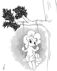 Size: 1024x1280 | Tagged: dead source, safe, artist:andelai, pinkie pie, g4, belly, belly button, chubby, cute, fat, female, monochrome, pudgy pie, smiling, solo, swing, tree, tree branch