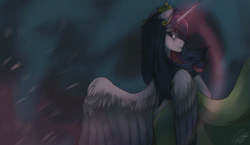 Size: 1860x1079 | Tagged: safe, artist:orfartina, twilight sparkle, alicorn, pony, g4, element of magic, female, horn, long horn, looking back, magic, mare, signature, solo, twilight sparkle (alicorn)