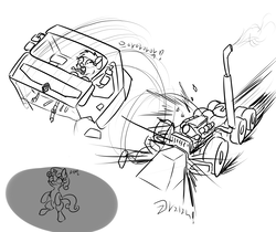 Size: 2000x1683 | Tagged: safe, artist:orang111, rainbow dash, sweetie belle, g4, accident, crash, euro truck simulator 2, monochrome, sketch, sketch dump, this will end in pain, truck