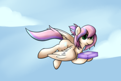 Size: 3000x2000 | Tagged: safe, artist:lyres-art, oc, oc only, oc:sweet skies, pegasus, pony, box, cloud, flying, high res, no catchlights, package, sky, smiling, solo