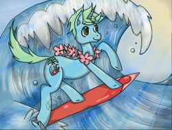 Size: 512x387 | Tagged: safe, artist:aeropaw, oc, oc only, pony, unicorn, male, solo, stallion, surfing, water, wave