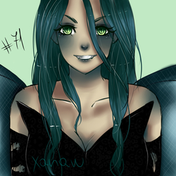 Size: 1700x1700 | Tagged: safe, artist:kinga555xd, queen chrysalis, human, g4, fangs, female, grin, humanized, looking at you, smiling, solo