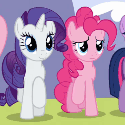 Size: 372x372 | Tagged: safe, screencap, pinkie pie, rarity, twilight sparkle, earth pony, pony, unicorn, g4, wonderbolts academy, animated, cropped, duo focus, female, frown, gif, greeting, offscreen character, open mouth, raised hoof, sad, smiling, walking, waving, worried