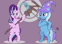 Size: 2893x2039 | Tagged: safe, artist:pony4koma, starlight glimmer, trixie, pony, g4, best friends, bipedal, both cutie marks, cape, clothes, evil, evil smile, grin, hat, high res, looking at you, lord zedd, magic, mighty morphin power rangers, open mouth, pose, power rangers, reference, rita repulsa, s5 starlight, smiling, staff, staff of sameness, trixie's cape, trixie's hat, wand