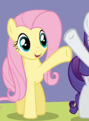 Size: 263x359 | Tagged: safe, screencap, fluttershy, rarity, pegasus, pony, unicorn, g4, wonderbolts academy, animated, cropped, cute, female, gif, greeting, happy, looking at something, looking away, mare, open mouth, shyabetes, smiling, solo focus, waving