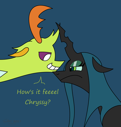 Size: 2000x2105 | Tagged: safe, artist:derpanater, queen chrysalis, thorax, changedling, changeling, g4, blue background, bust, dark souls, debate in the comments, dialogue, duo, frown, grin, high res, king thorax, lidded eyes, portrait, simple background, smiling, smug, smug bug, taunting