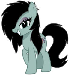 Size: 2800x3050 | Tagged: safe, artist:cheezedoodle96, idw, oc, oc only, oc:sappho, earth pony, pony, g4, .svg available, cutie mark, ear piercing, earring, eyeshadow, female, hair over one eye, high res, jewelry, looking at you, makeup, mare, piercing, raised leg, simple background, smiling, solo, svg, transparent background, vector