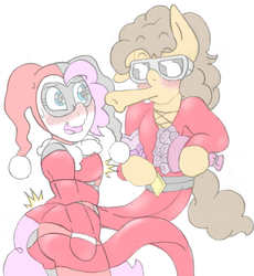 Size: 3000x3254 | Tagged: safe, artist:blackbewhite2k7, cheese sandwich, pinkie pie, g4, blue underwear, clothes, crossover, elastic, female, harley quinn, high res, imminent kissing, lips, male, plastic man, ship:cheesepie, shipping, sketch, straight, stretching, tied up, underwear, wip