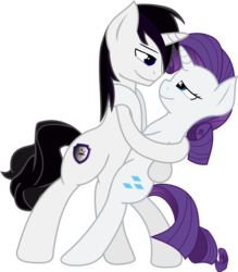 Size: 5564x6363 | Tagged: safe, artist:barrfind, rarity, oc, oc:barrfind, pony, unicorn, g4, absurd resolution, canon x oc, cutie mark, eye contact, female, holding a pony, hug, looking at each other, love, male, rarifind, shipping, simple background, smiling, straight, transparent background, vector