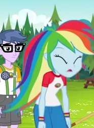 Size: 356x480 | Tagged: safe, screencap, micro chips, rainbow dash, equestria girls, g4, my little pony equestria girls: legend of everfree, camp everfree outfits, clothes, eyes closed, glasses, pants, shorts