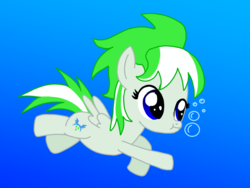 Size: 1600x1200 | Tagged: safe, artist:toyminator900, oc, oc only, oc:emerald lightning, pegasus, pony, :t, bubble, cute, female, filly, folded wings, gradient background, puffy cheeks, smiling, solo, swimming, toyminator900 is trying to murder us, underwater, water