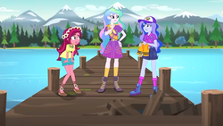 Size: 854x480 | Tagged: safe, gloriosa daisy, princess celestia, princess luna, principal celestia, vice principal luna, equestria girls, g4, my little pony equestria girls: legend of everfree, boots, camp everfree outfits, cap, clothes, flower, flower in hair, hat, high heel boots, lifejacket, pier, shoes, shorts, skirt, socks