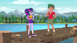 Size: 427x240 | Tagged: safe, edit, edited screencap, screencap, sci-twi, timber spruce, twilight sparkle, equestria girls, g4, legend of everfree, animated, boots, camp everfree outfits, clothes, converse, dancing, gif, lifejacket, paddle, pier, shoes, shorts, smiling, sneakers, socks