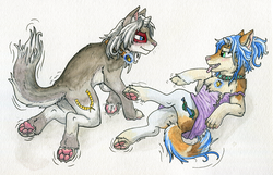 Size: 1750x1128 | Tagged: safe, artist:icaron, oc, oc only, oc:cassius, oc:imperious, pony, unicorn, wolf, animal, blushing, butt, canines, collar, furry, paw pads, paws, plot, species swap, tongue out, traditional art, transformation, underhoof, wolfified, wolves