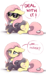 Size: 1104x1800 | Tagged: safe, artist:buttersprinkle, fluttershy, pegasus, pony, g4, :<, buttersprinkle is trying to murder us, clothes, cute, daaaaaaaaaaaw, deal with it, dialogue, female, floppy ears, frown, hnnng, hoodie, if that's okay with you, looking up, mare, meme, prone, puppy dog eyes, shy, shyabetes, simple background, solo, sunglasses, tough, um, white background