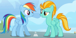Size: 651x334 | Tagged: safe, screencap, lightning dust, rainbow dash, pony, g4, wonderbolts academy, animated, blinking, cropped, duo, female, gif, happy, high five, open mouth, spread wings, talking, wing hands
