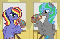 Size: 2048x1325 | Tagged: safe, artist:kindheart525, oc, oc only, oc:feather fieldgoal, oc:paint swirl, pegasus, pony, kindverse, canvas, looking at each other, offspring, paint palette, paintbrush, parent:blossomforth, parent:rainbow dash, parent:soarin', parent:thunderlane, parents:blossomlane, parents:soarindash, story included