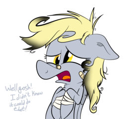 Size: 1273x1220 | Tagged: safe, artist:binkyt11, derpy hooves, pegasus, pony, g4, abuse, bandage, burnt mane, derpybuse, female, floppy ears, simple background, solo, transparent background