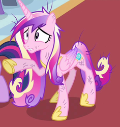 Size: 620x658 | Tagged: safe, screencap, princess cadance, alicorn, pony, a canterlot wedding, g4, concave belly, crown, dishevelled, female, hoof shoes, horn, jewelry, mare, peytral, princess shoes, quadrupedal, raised hoof, regalia, slender, standing, thin, wings